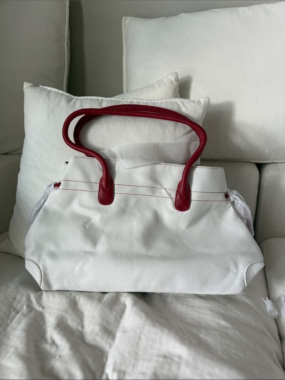 White Tote Bag with Red Handles - Women's Everyday Shoulder Tote